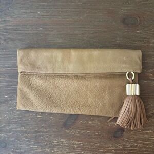 India Hicks Carmen Leather Fold Over‎ Clutch Leather Tan Beige Neutral